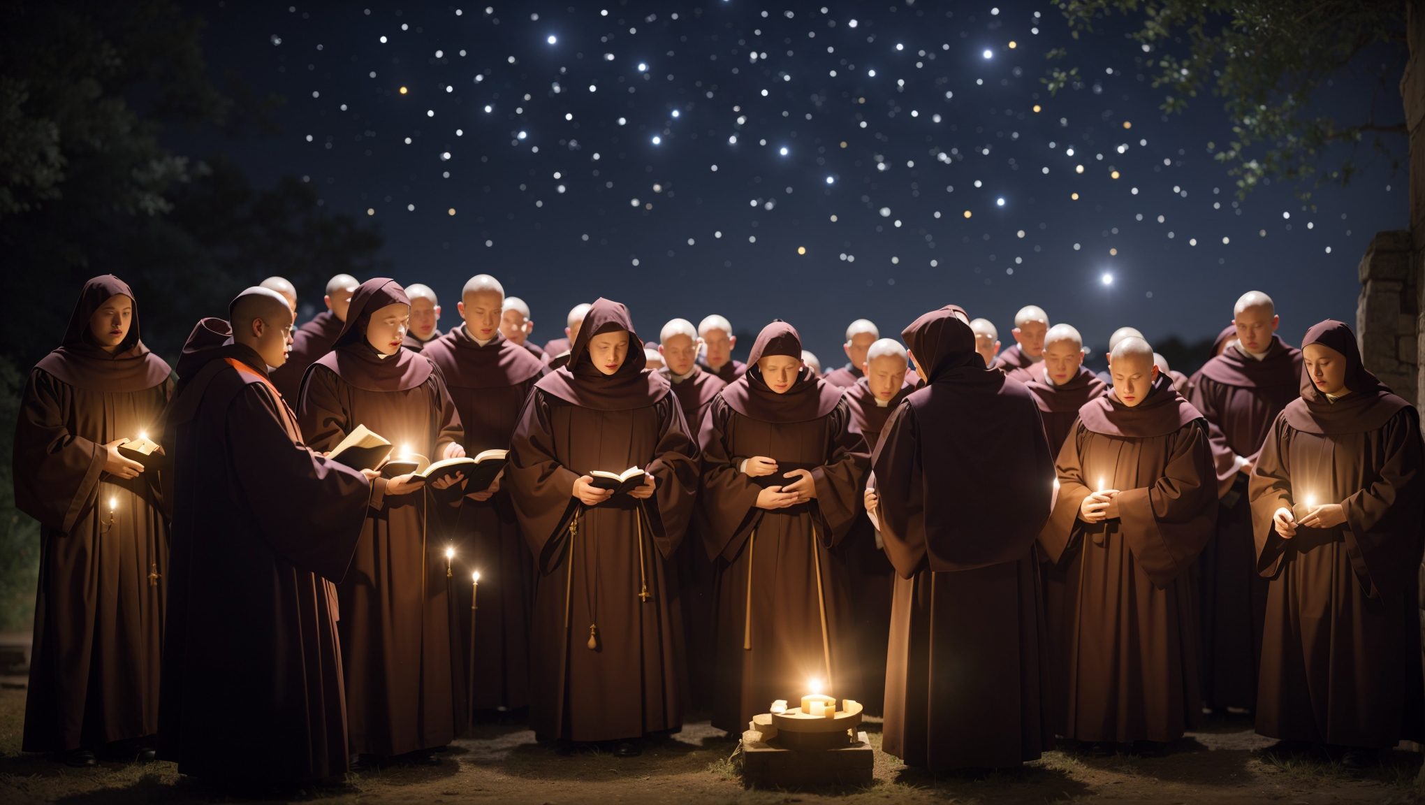 An image of Gregorian monks chanting under a starlit sky