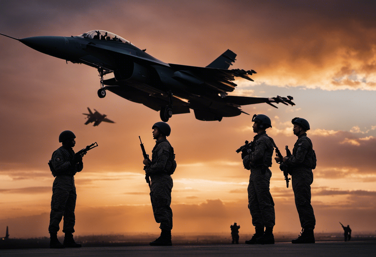 E featuring diverse airforce personnel in uniform, mid-chant, against a backdrop of roaring fighter jets slicing through a cloud-streaked sunset sky