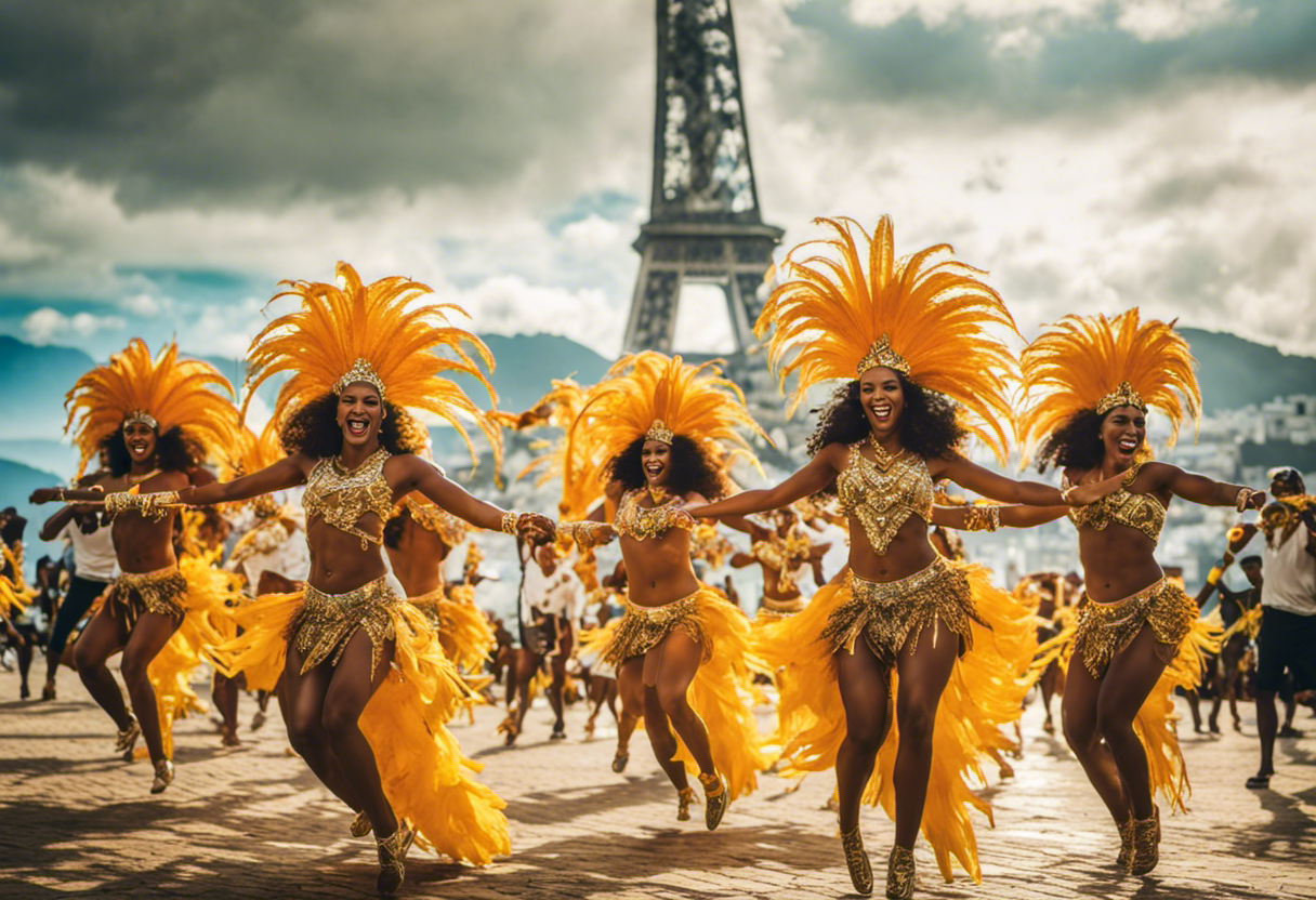 E of Samba dancers in vibrant costumes and soccer players mid-action, with a backdrop of Rio's iconic landmarks, all enveloped in a wave of rhythmic musical notes