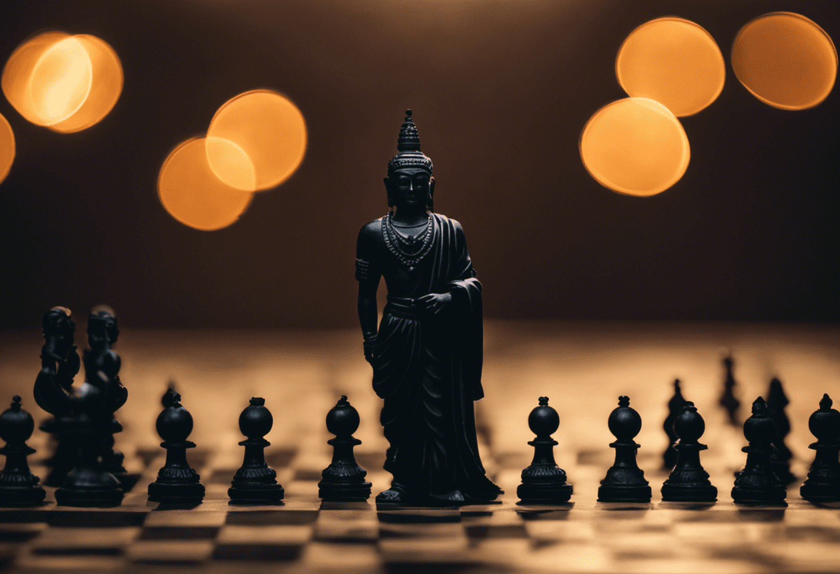 Ent Indian backdrop with a silhouette of Chanakya, a chessboard displaying strategic moves, and a faded lotus symbolizing his political wisdom