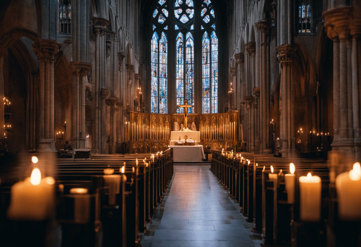 Ient, candle-lit cathedral with a choir in robes, mouths open mid-chant, a large crucifix and stained glass windows depicting biblical scenes in the background