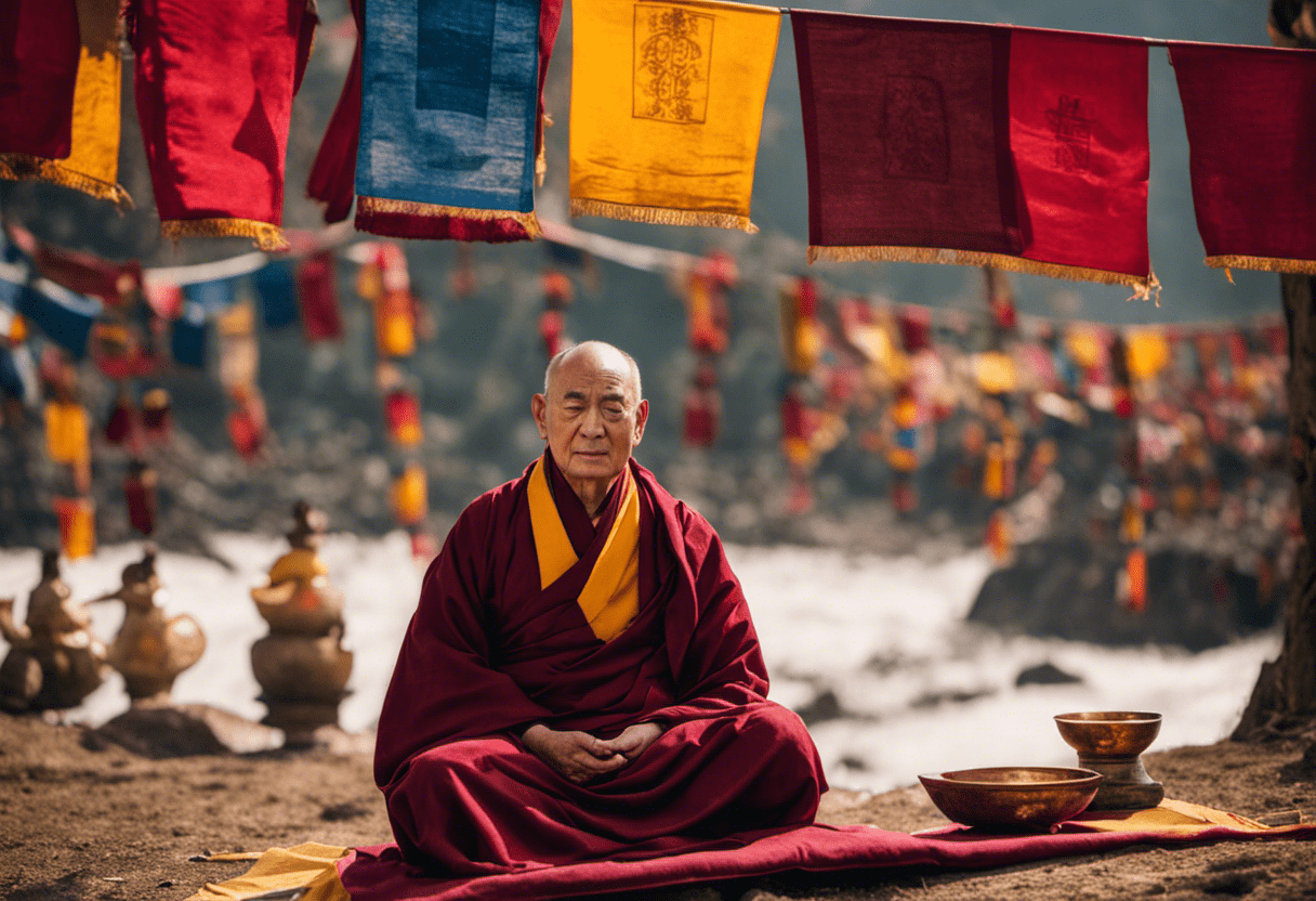 Ize the Dali Lama in maroon and saffron robes, sitting cross-legged in deep meditation, surrounded by Tibetan prayer flags fluttering in the Himalayan breeze, with a resonating singing bowl beside him
