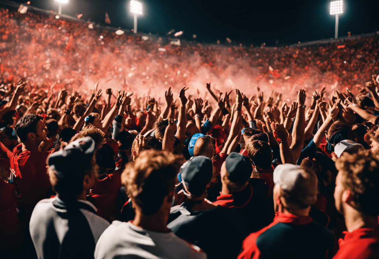 Up of a roaring crowd at a sports game, hands clapping and faces painted in team colors, under bright stadium lights