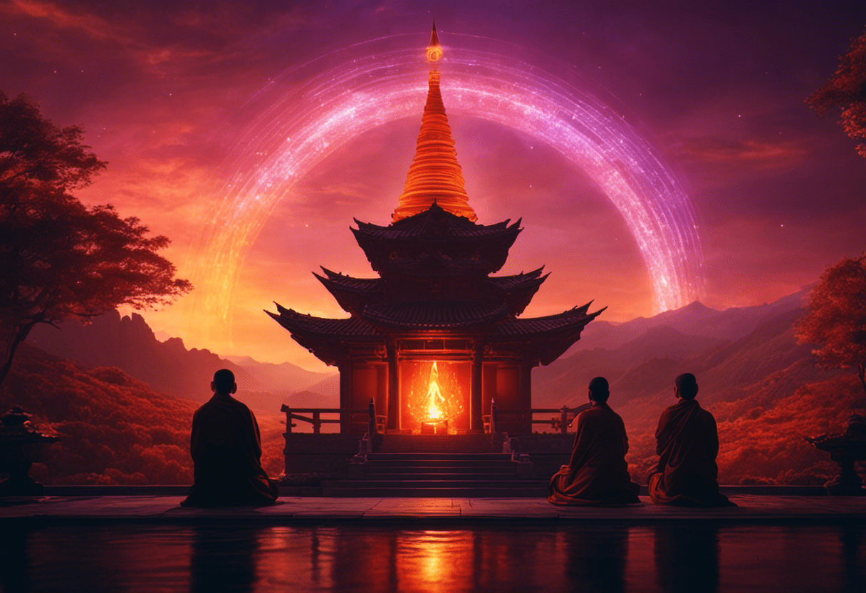 a glowing fire temple at dusk, with ethereal sound waves emanating from it, surrounded by monks in deep meditation, and a backdrop of starlit mountains and a vibrant sunset