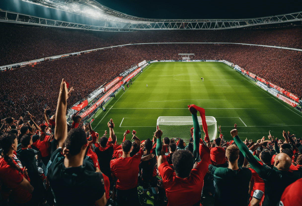 D stadium with fans in team colors, mouths open mid-chant, waving scarves above their heads, while players on the field celebrate a goal