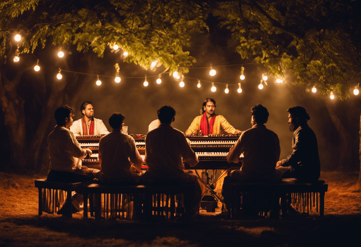 Imate circle of diverse people, eyes closed in devotion, under a starlit sky with musical instruments: harmonium, tabla drums, and hand cymbals, surrounded by a soft aura of ethereal light