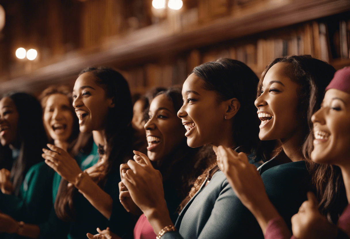 Ge showcasing a diverse group of women, wearing Phi Mu insignia, enthusiastically singing together in a warmly lit, collegiate setting like a library or historic building