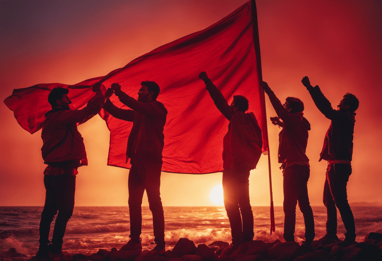 Ate a group of diverse individuals, dressed in different shades of red, passionately shouting, fists raised in unison, with a vibrant red flag billowing against a sunset backdrop