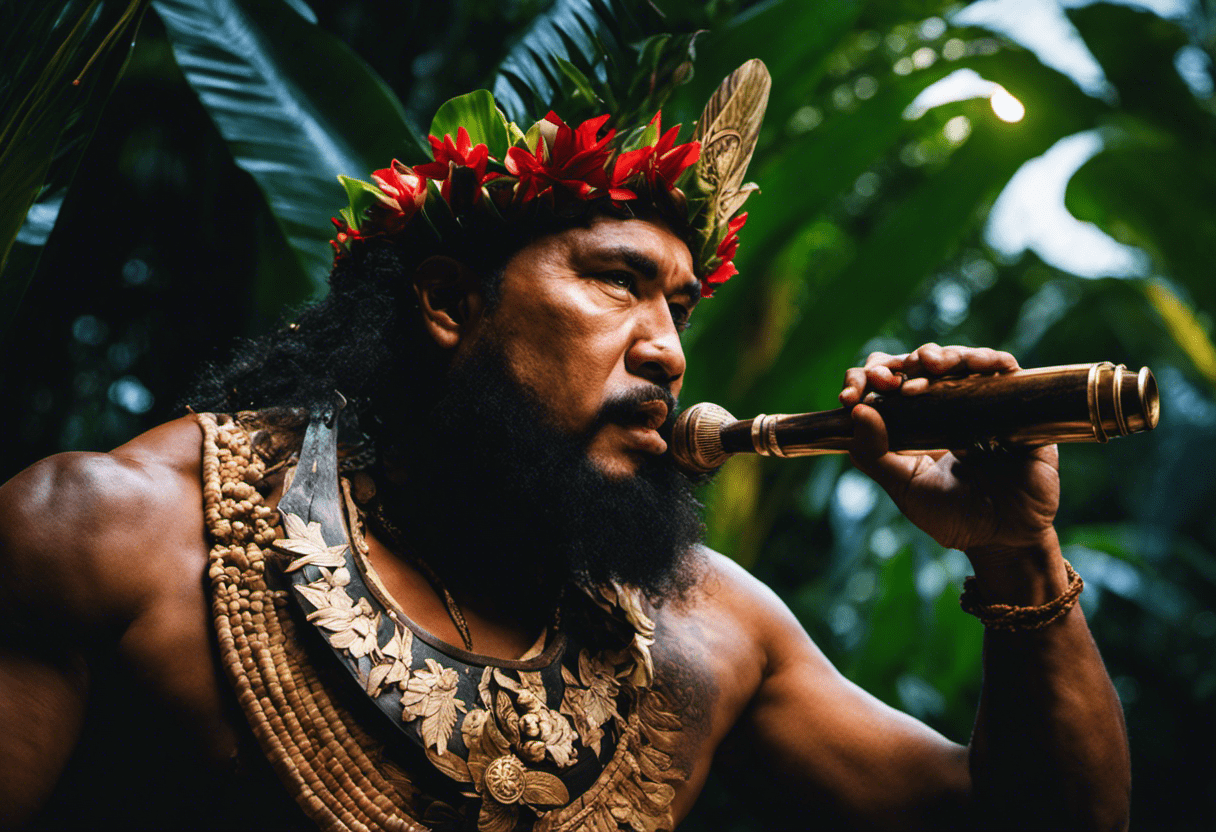 N warrior in traditional attire, mid-chant, with a conch shell trumpet in-hand, under a moonlit sky, surrounded by lush tropical foliage, and Mt