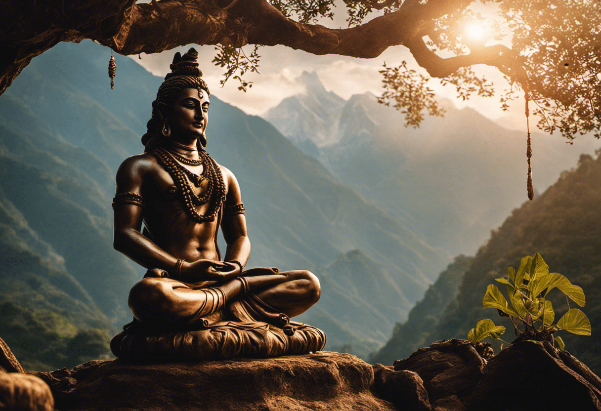 Ate a serene image featuring Lord Shiva meditating under a banyan tree, a trident by his side, against a backdrop of majestic Himalayas, with ethereal light emanating from a rudraksha bead necklace