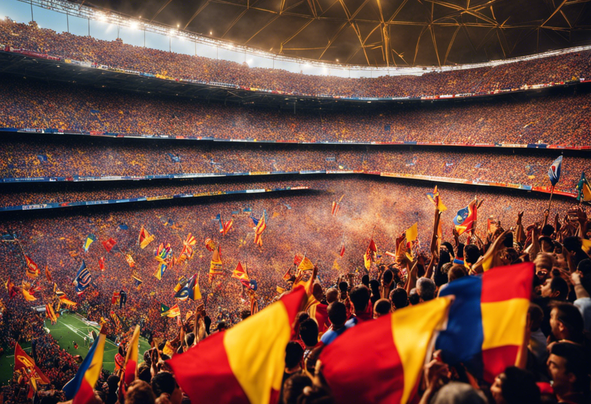 an image featuring a crowded La Liga stadium, with vibrant Spanish flags in motion, and abstract musical notes flowing from the enthusiastic supporters, capturing the essence of Spanish chants