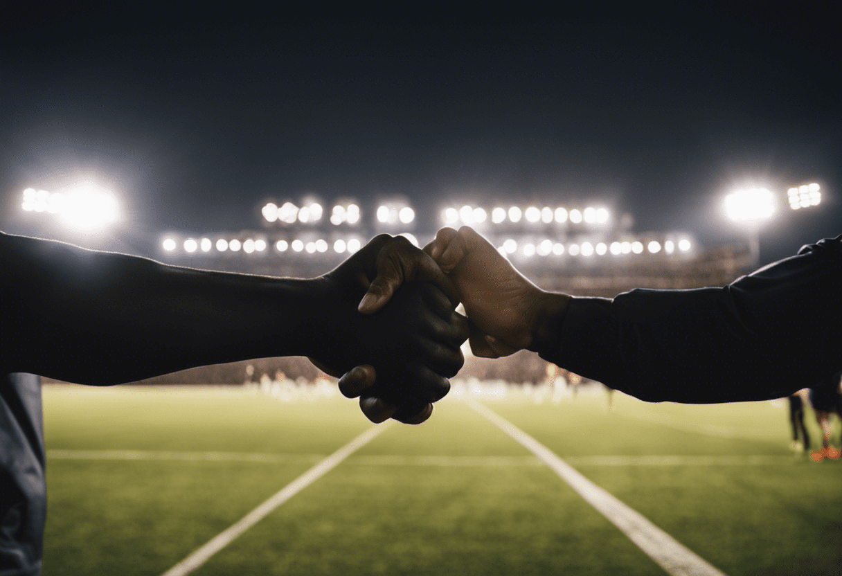 Gized team in a tight huddle, fists raised in unity, with diverse faces expressing determination, under stadium lights, a dusk sky, and the blurred silhouette of cheering crowd in the background