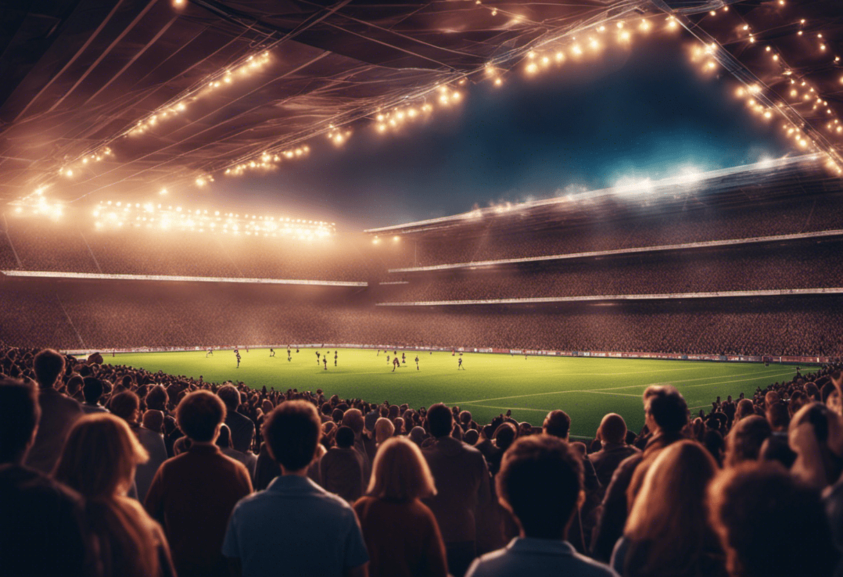 An image featuring a soccer field under stadium lights with an animated crowd, one person holding a hint of a mustache, and a whistle, alluding to Ted Lasso