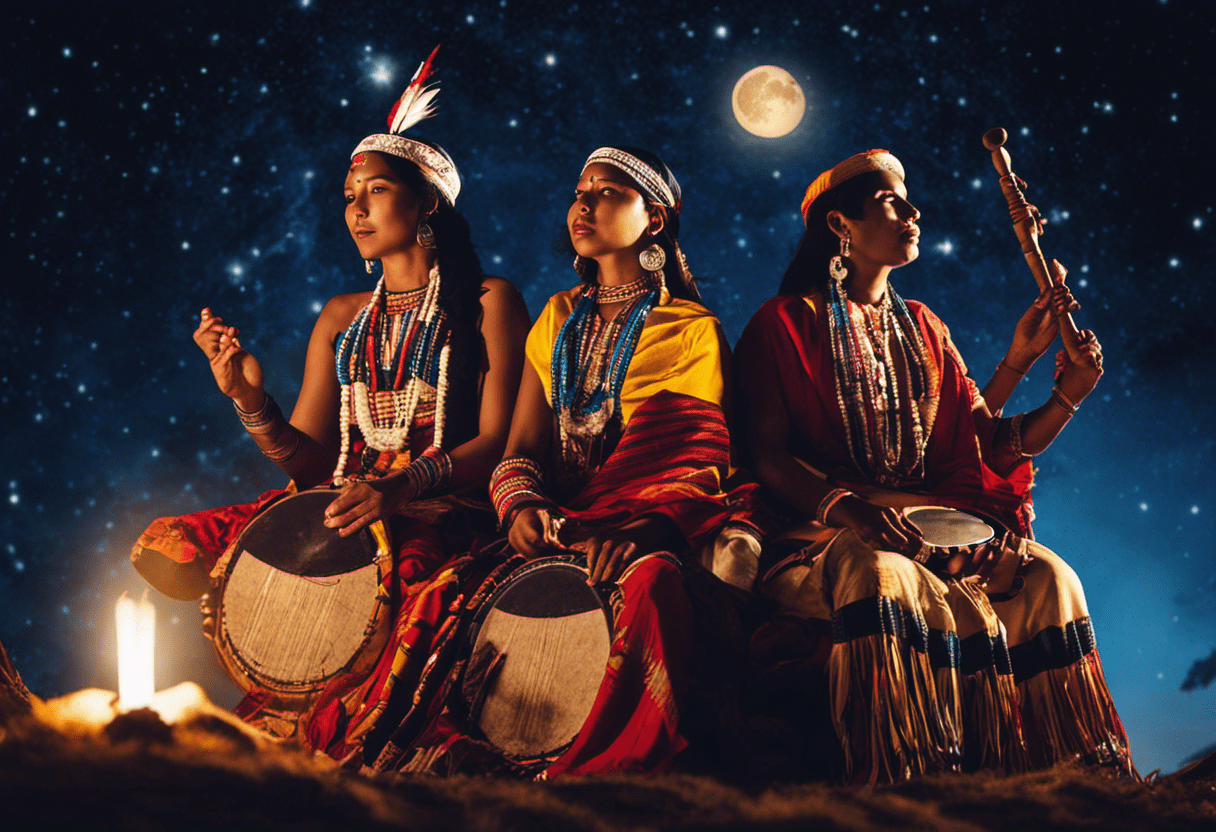 Nt collage of various indigenous people in traditional attire, engaged in rhythmic chanting, surrounded by native instruments, under a night sky lit by a full moon and twinkling stars