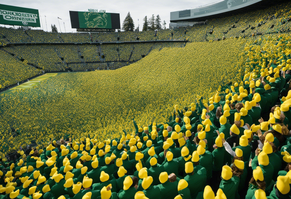 Ze a sea of green and yellow-clad Oregon Ducks fans, holding up foam duck feet, enthusiastically quacking and cheering in the University of Oregon's football stadium