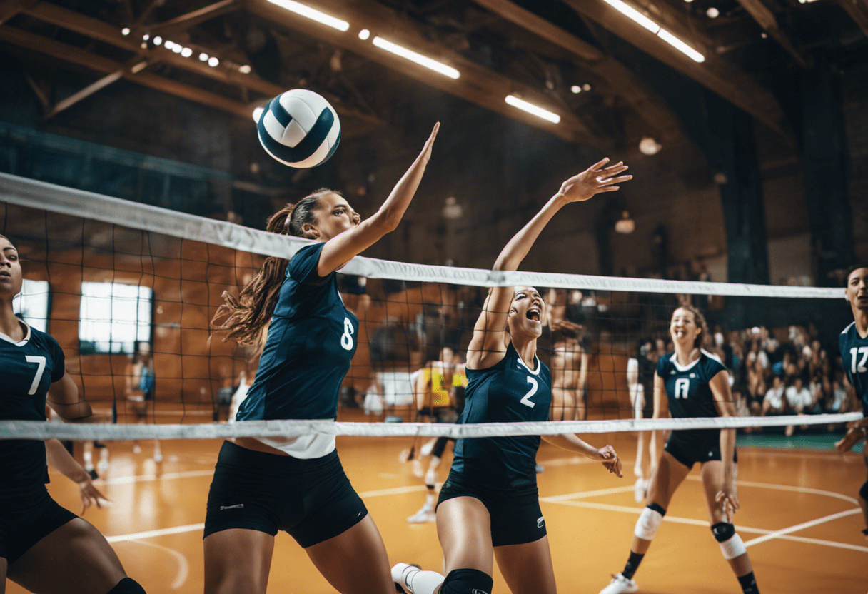 Ze a dynamic action shot of a volleyball player mid-air, executing a powerful spike, surrounded by cheering teammates in a brightly lit, energetic indoor court environment