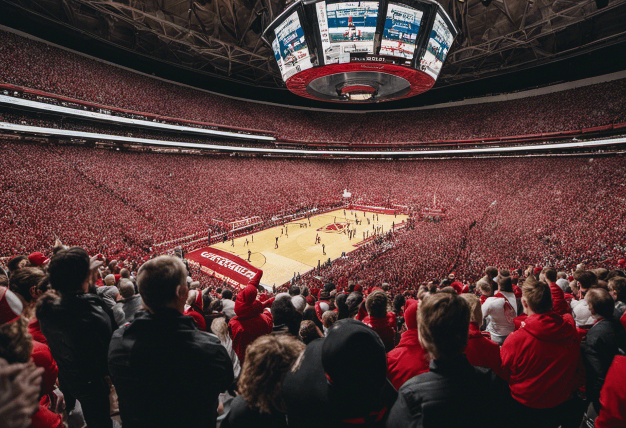 Ge of Wisconsin's iconic sports venues, with cheering crowds, team colors, and a conductor leading an invisible orchestra, capturing the energy of WIAA chants