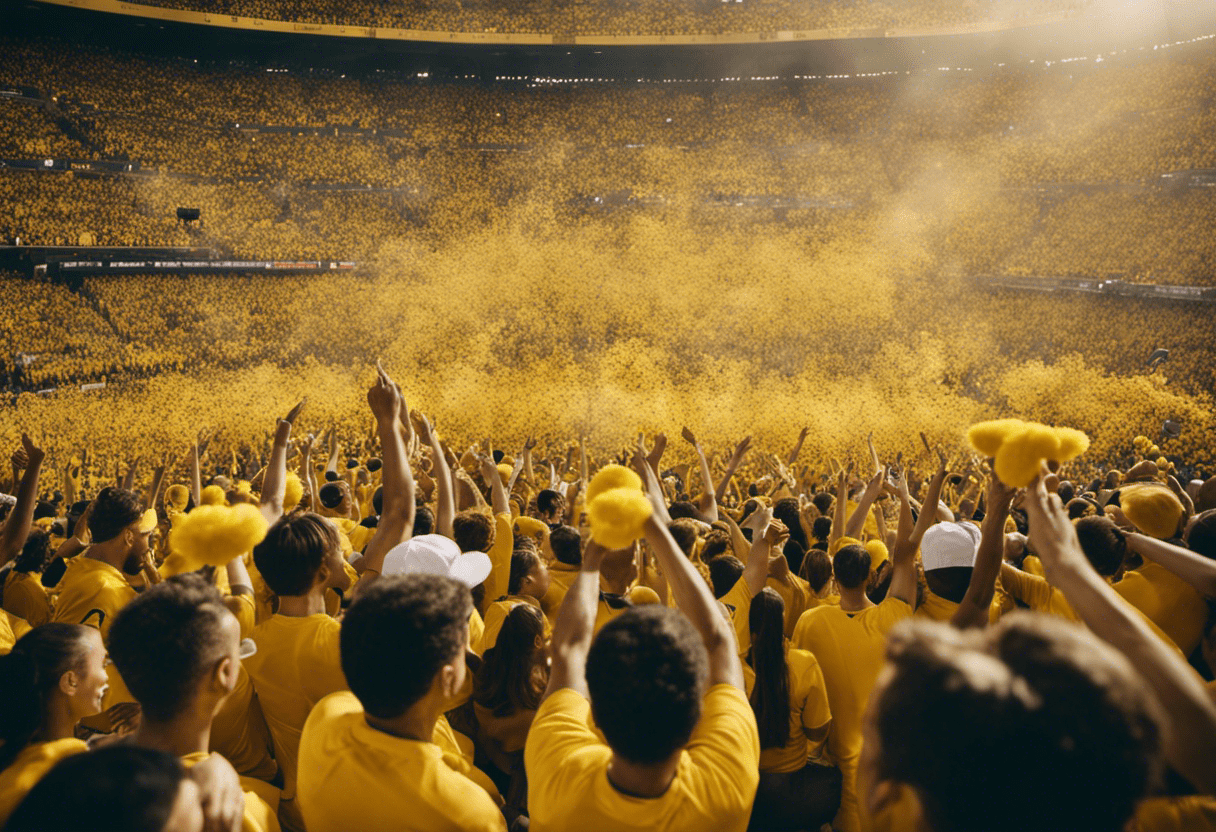Nt crowd of sports fans wearing yellow jerseys, cheering, waving yellow foam fingers, and holding up bright yellow pom-poms in a large, bustling stadium